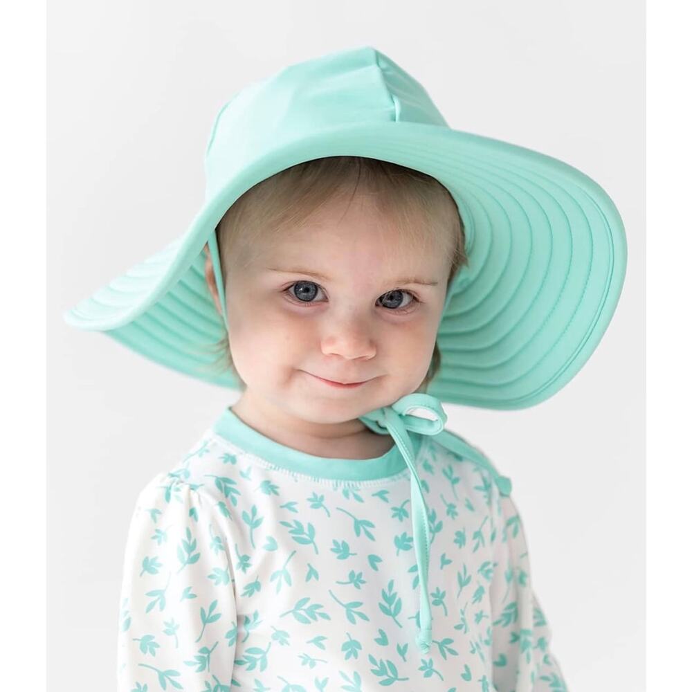 RuffleButts Baby Girls UPF 50+ Wide Brim Swim Sun Hat Vintage Aqua  0-12M Beach